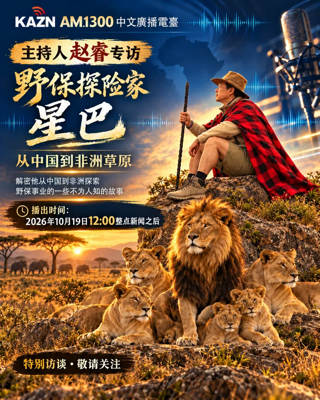 Programme poster: KAZN AM1300, host Zhao Rui interviews wildlife explorer Simba, aired 19 October 2026 at 12:00